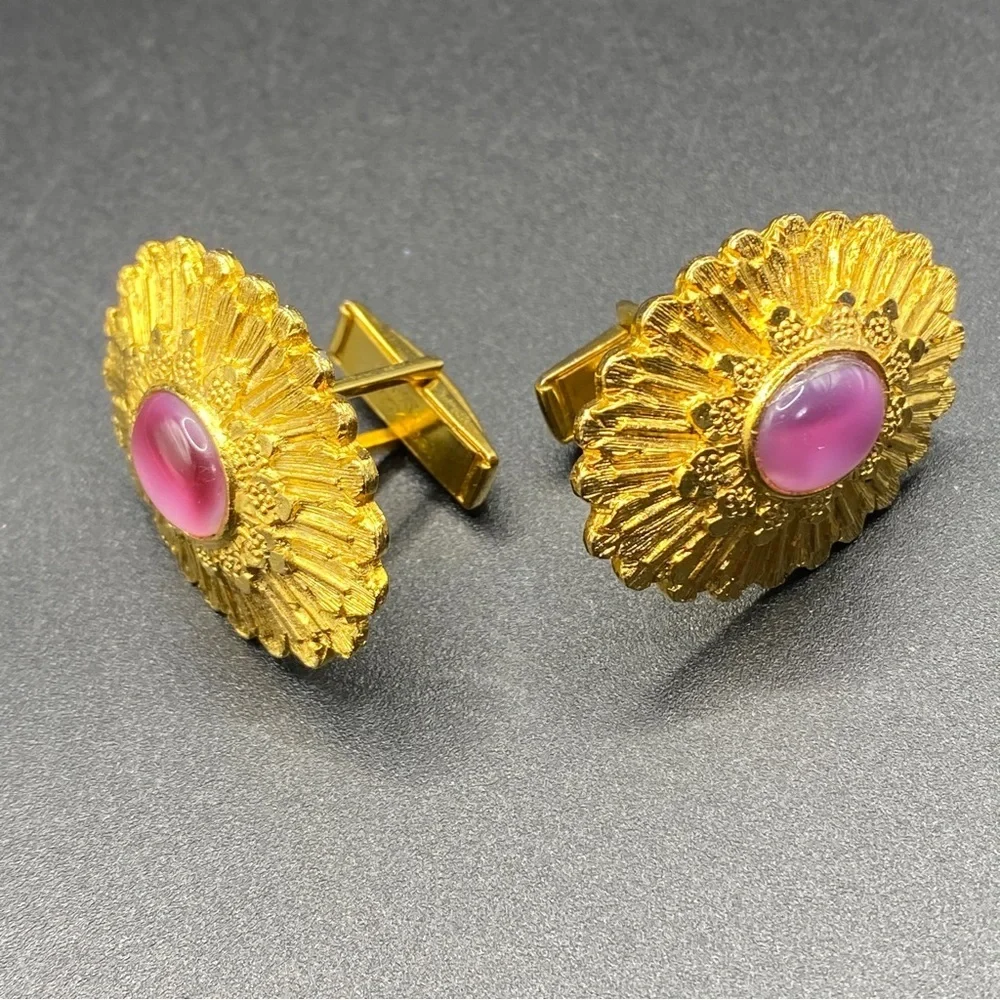 AVON Pink Faux Opal Gold Tone Floral Cuff Links Gender Neutral Vintage
